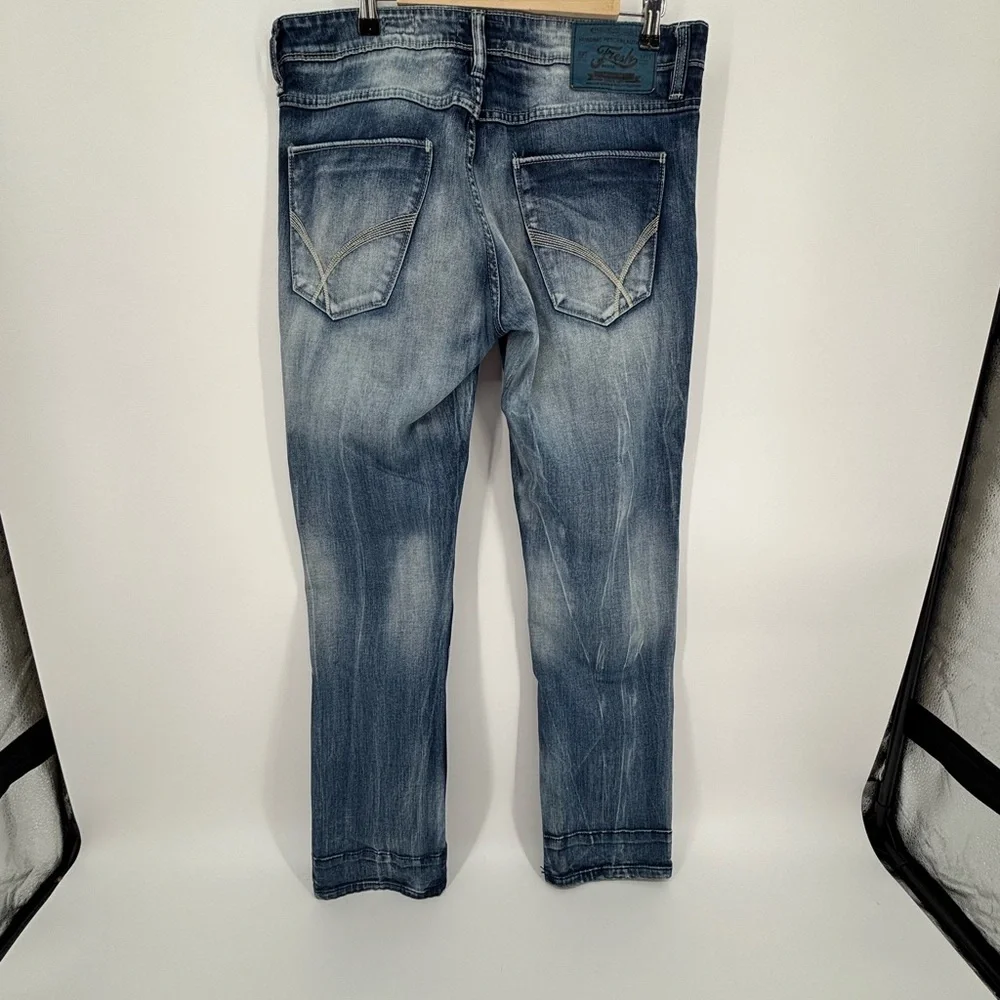 The Fresh Brand JEFF Jeans Mens 34x32 Distressed Straight Blue‎ Denim Camo Lined